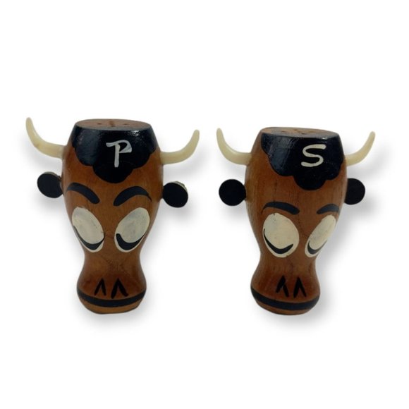 Wooden Picnic Bench Bull Salt and Pepper Condiment Stand Vintage 5 Piece Set - Picture 4 of 7